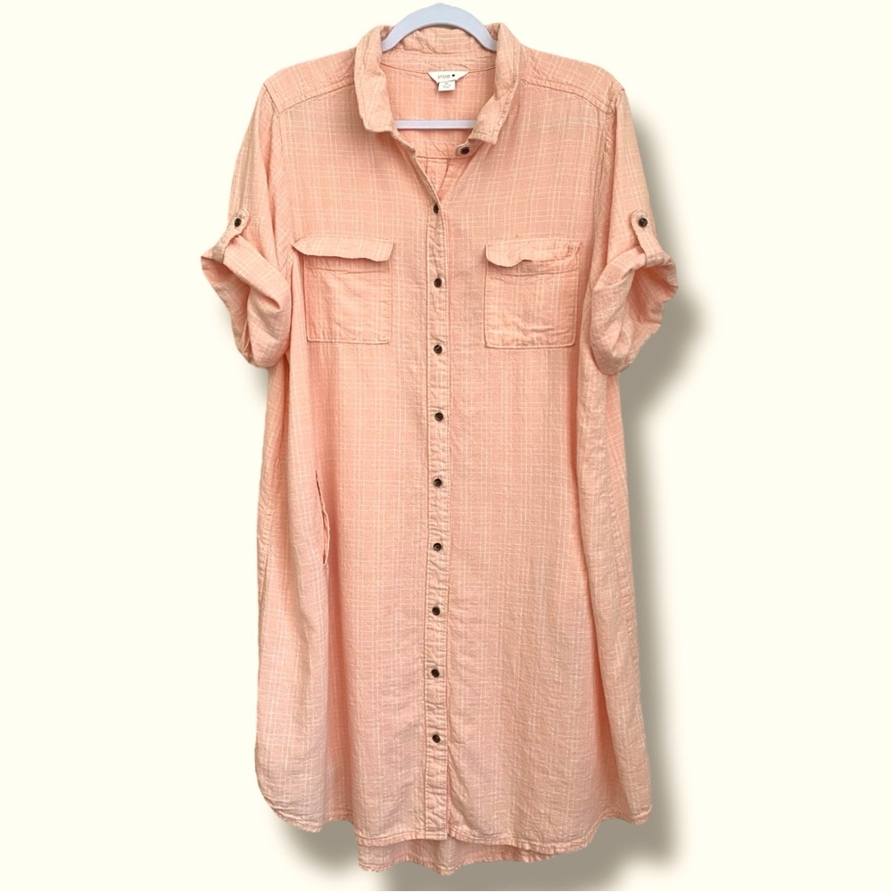 Intro. Peach Button-Up Midi Dress With Roll up 3/4 Sleeves Linen Rayon Blend 1X